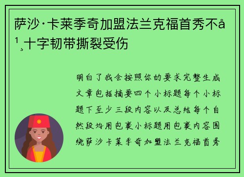 萨沙·卡莱季奇加盟法兰克福首秀不幸十字韧带撕裂受伤