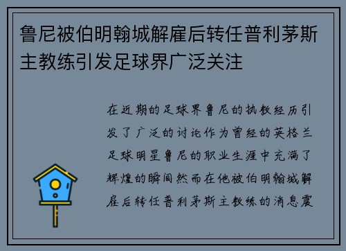 鲁尼被伯明翰城解雇后转任普利茅斯主教练引发足球界广泛关注