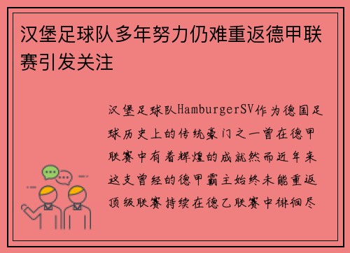 汉堡足球队多年努力仍难重返德甲联赛引发关注