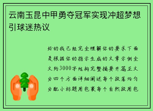 云南玉昆中甲勇夺冠军实现冲超梦想引球迷热议